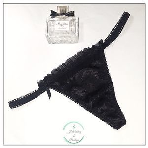 NEW Sexy Black Satin Thongs with Lace Details - S